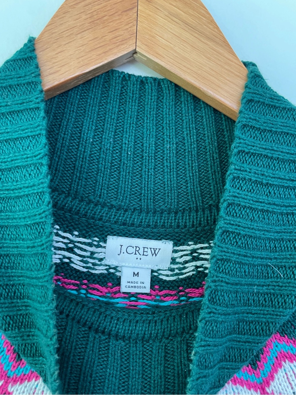 J. Crew Fair Isle Mock Neck Long Sleeve Sweater M Medium Green Pink Cotton - Picture 8 of 9